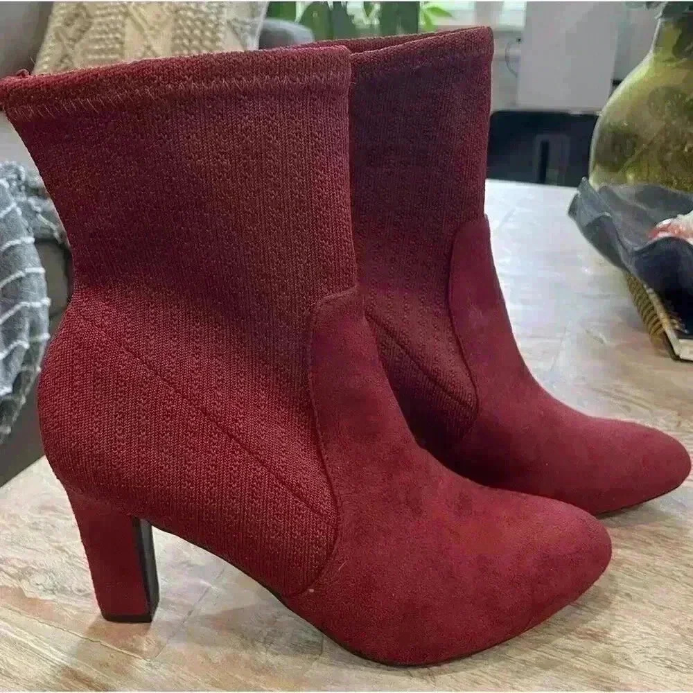 Red Tizel Sock Booties Womens Size 9.5 High Heel Pull On Boots